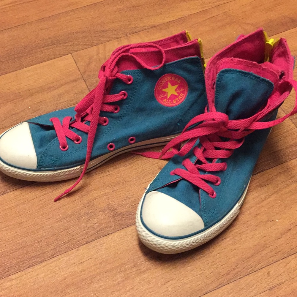 Turquoise and pink high top converse sneakers